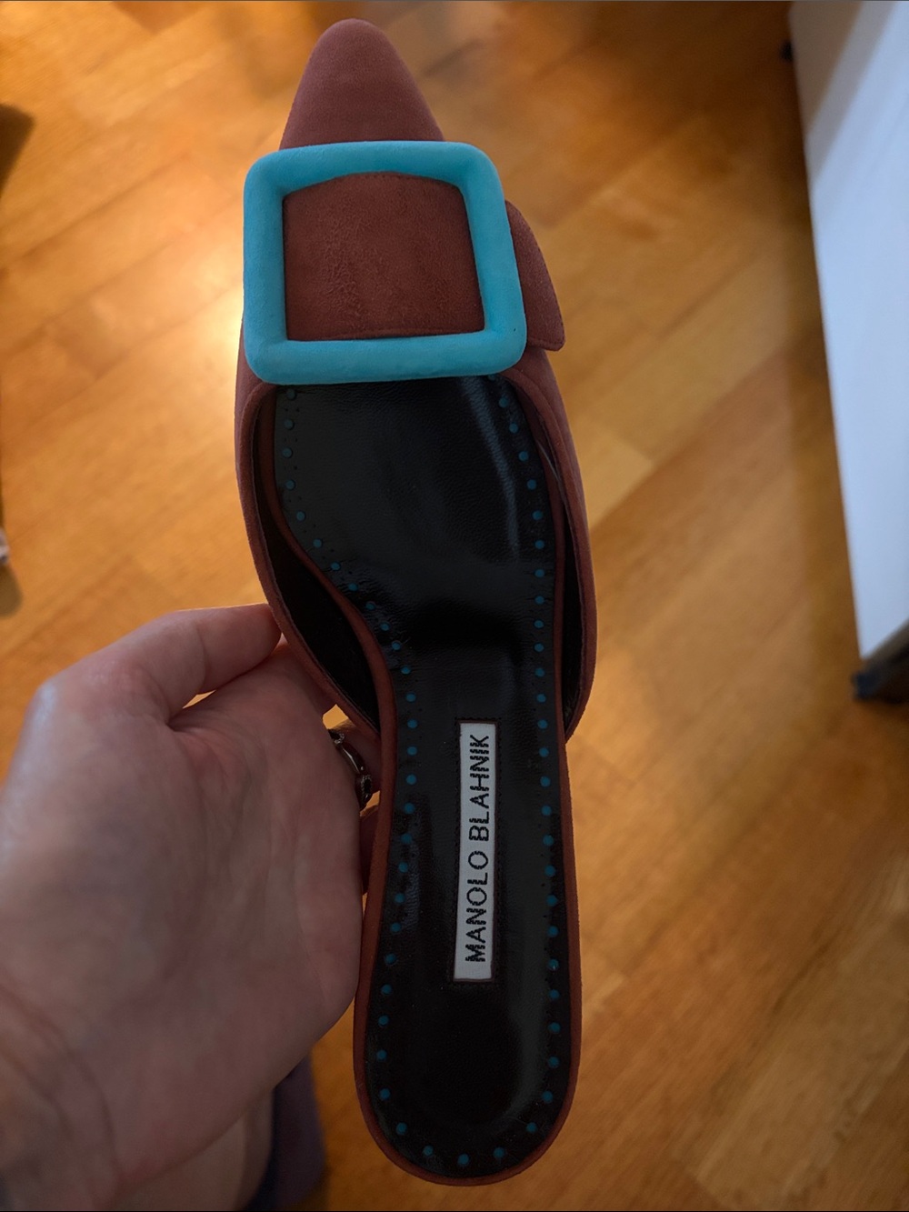 Manolo Blahnik Rust Suede Mule with Turquoise Buckle
